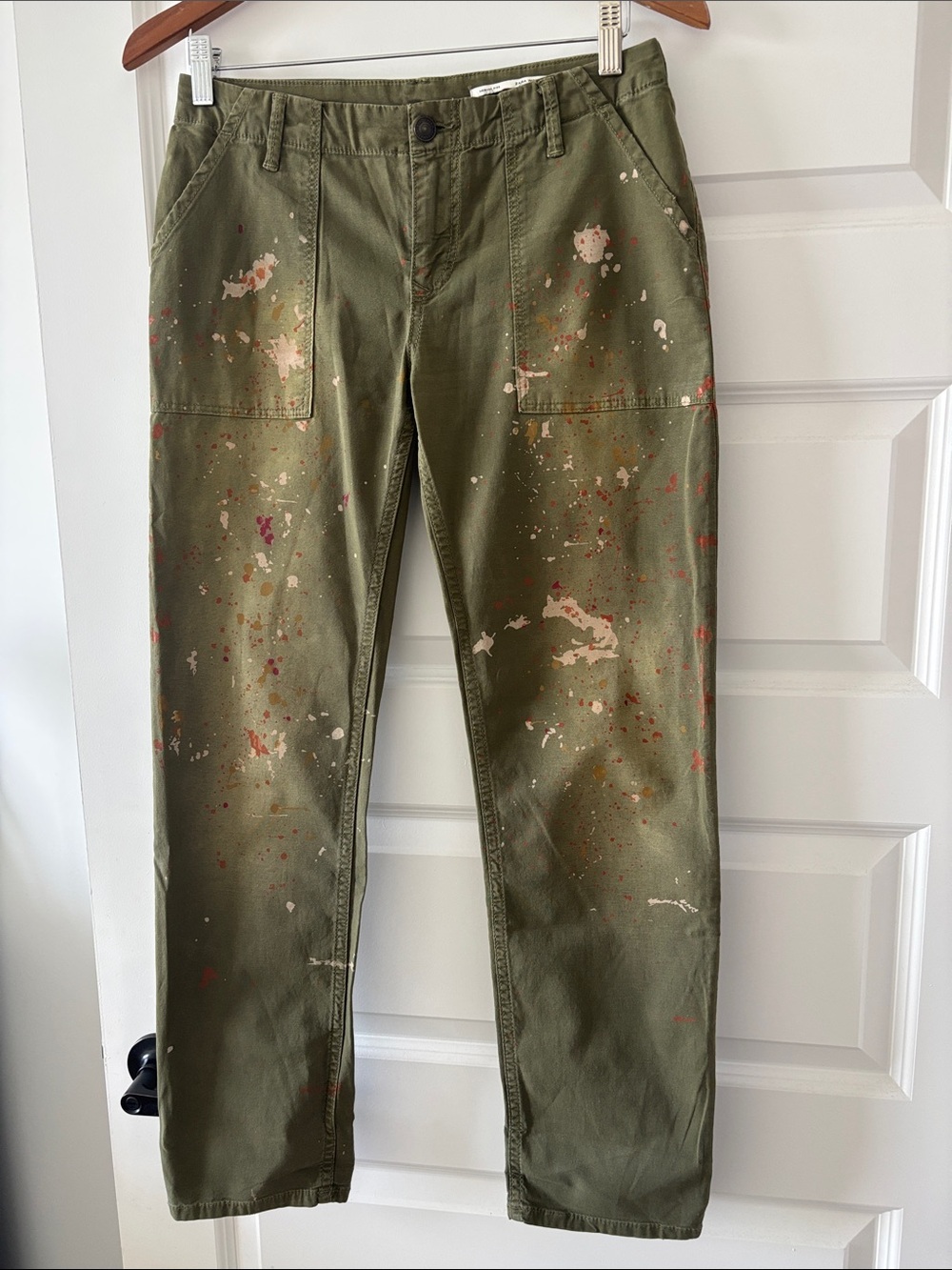 Zara Olive Green Paint Splatter Style Utility Pants Relaxed Fit Style Art Artist